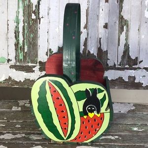 Unique Hand Painted Vintage Folk Art Americana Basket Watermelon Bunny Seed Art